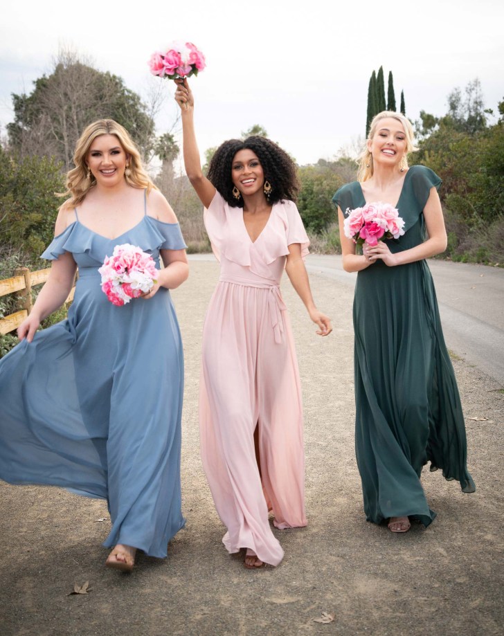 bridesmaids in blue and pink Bill Levkoff dresses