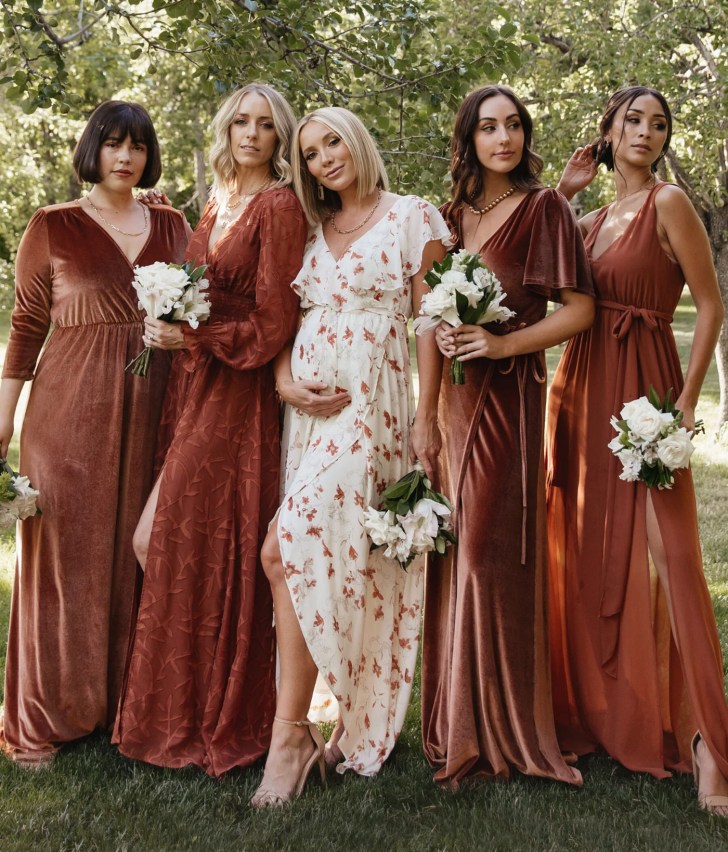 bridal party in rust and maroon dresses from Baltic Born