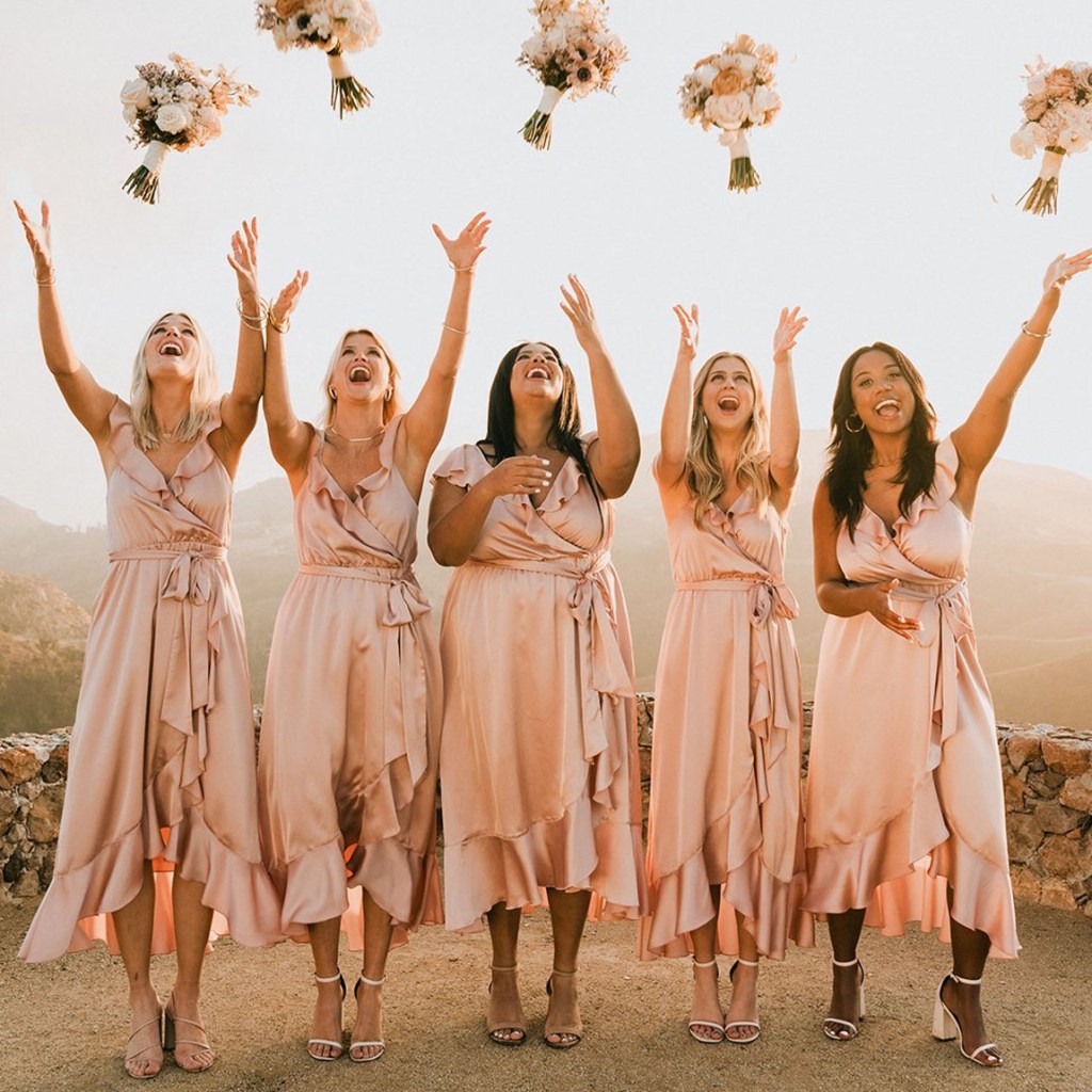 bridesmaids in rose gold dresses by mumu weddings
