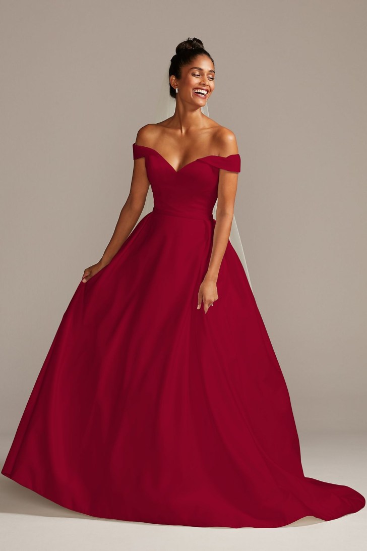 Davids Bridal off-the-shoulder satin ballgown dark red wedding dresses