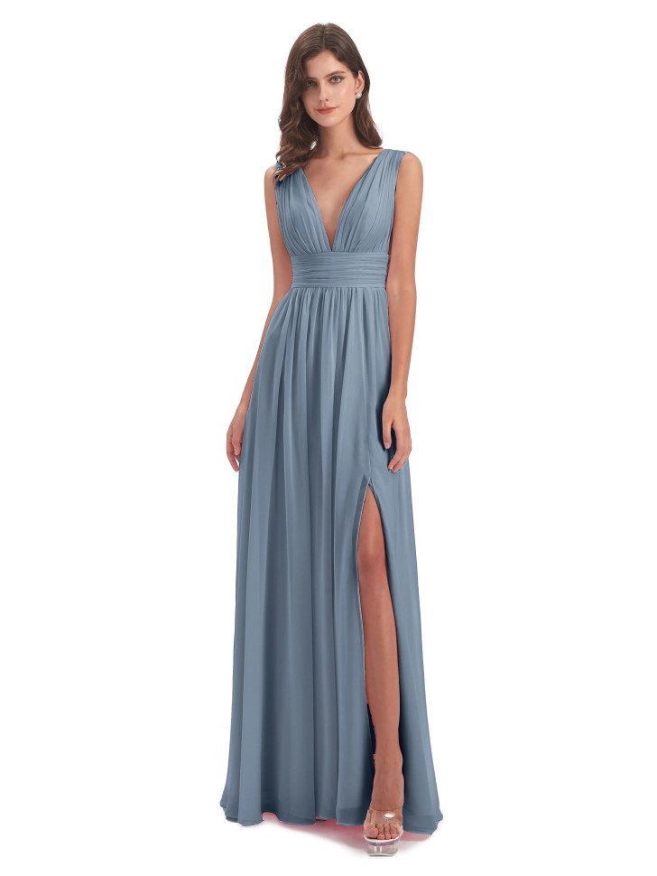 dusty blue floor length chiffon bridesmaid dress