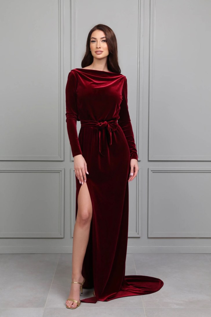 elegant fitted tie waist dark wine velvet red wedding dresses with leg slit