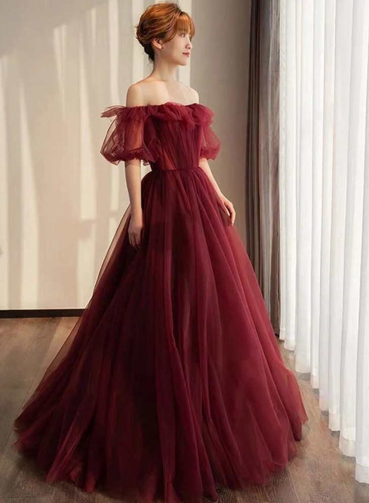 fairytale tulle off-the-shoulder ruffle wine red wedding dresses