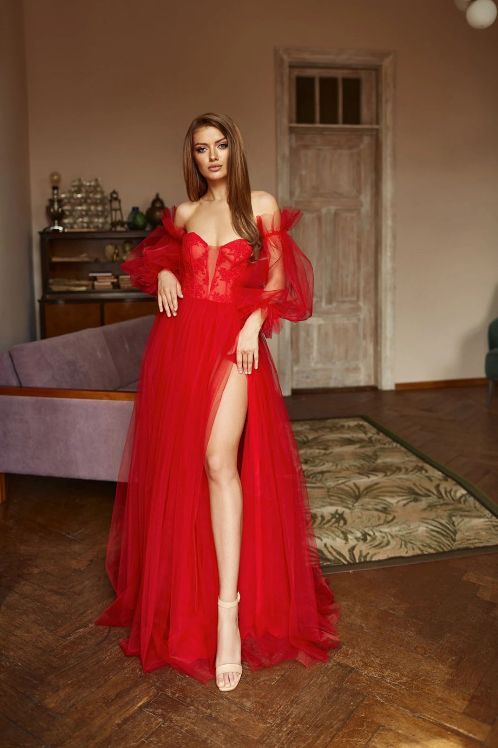 off-the-shoulder sheer tulle corset sexy red wedding dresses with high slit