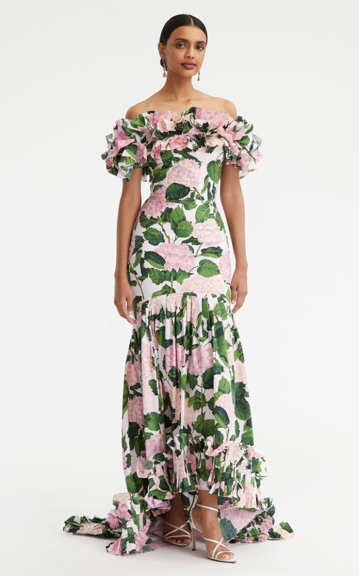 pink off the shoulder ruffle hydrangea cotton gown by Oscar De La Renta