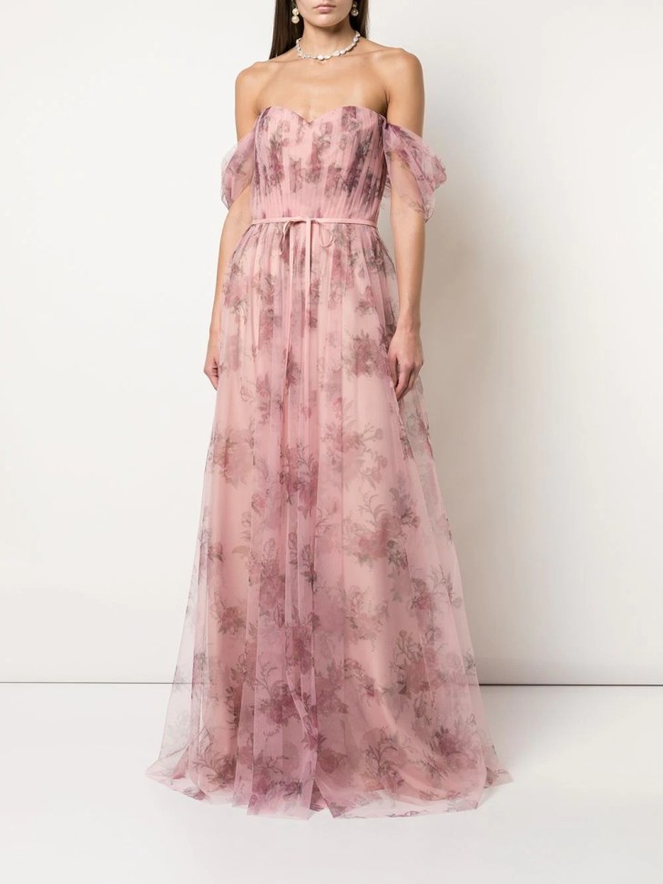 pink floral off shoulder Marchesa Notte bridesmaid dresses
