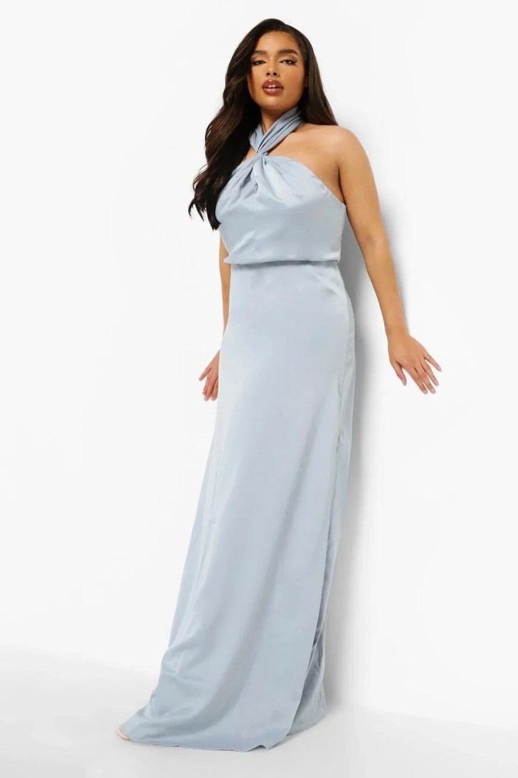 womens pastel blue satin halter style plus size bridesmaid dress online from Boohoo