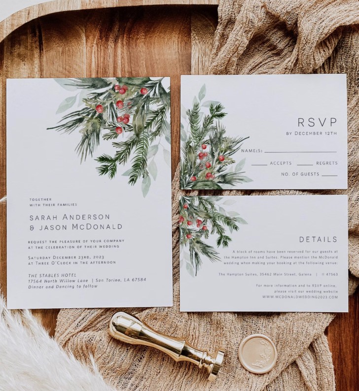 best Christmas wedding ideas on a budget festive wedding invitation suit with holly berries