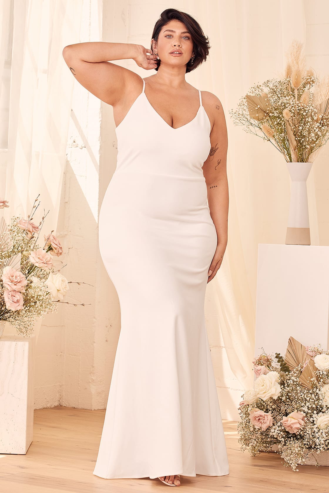 spaghetti strap fitted plus size online wedding dresses from Lulus