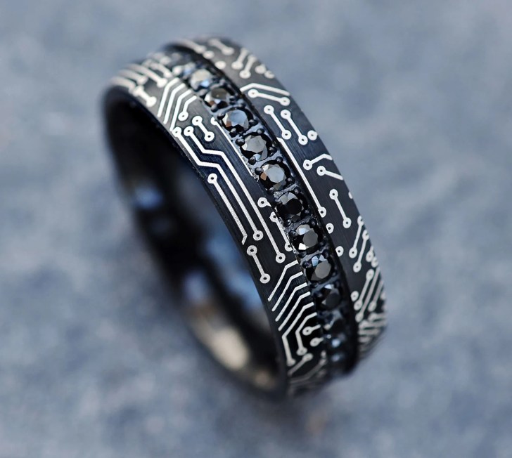 black diamond and tungsten wedding bands for men with computer circuit engraving design