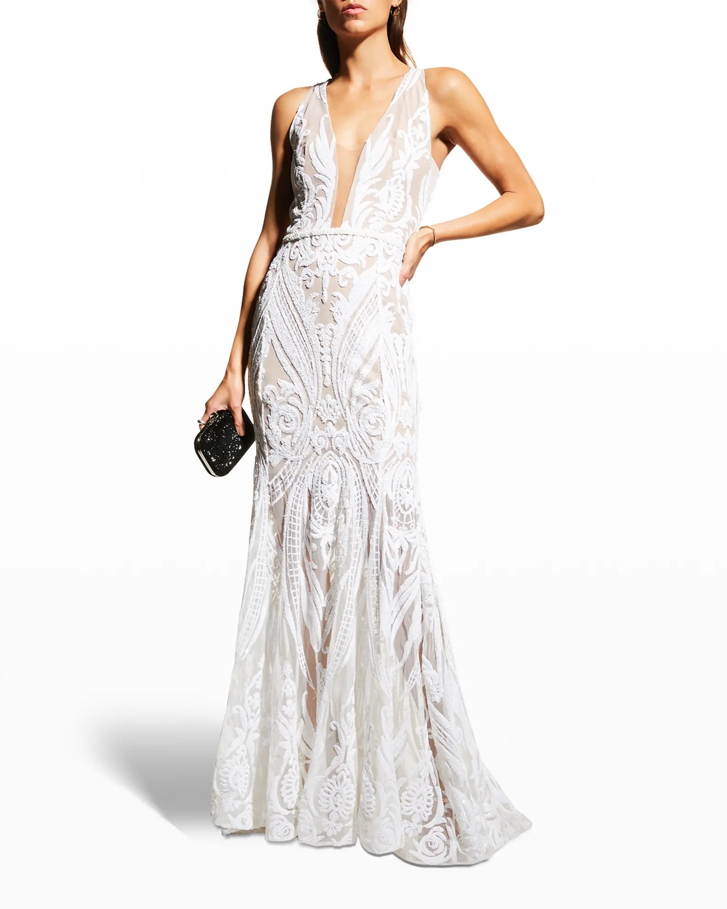 plunging neckline bohemian lace online wedding dress from Neiman Marcus