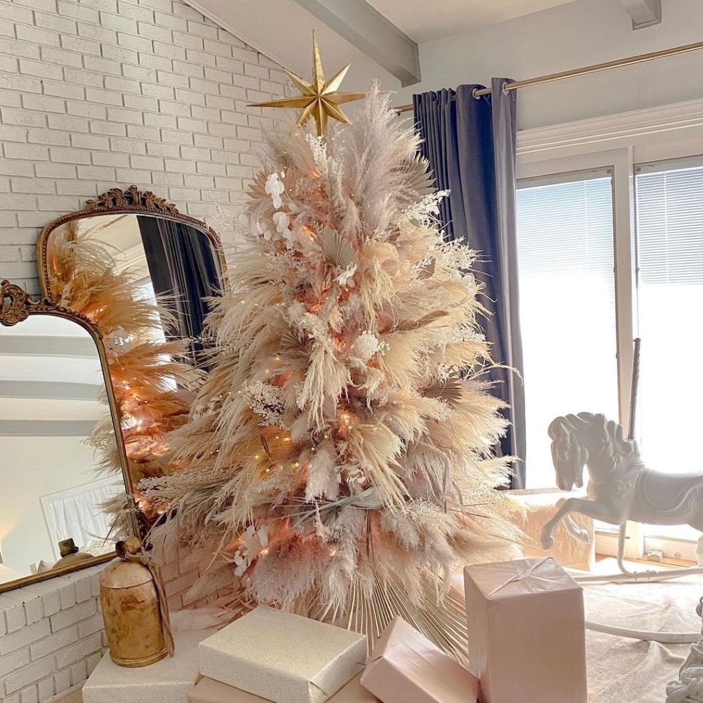 boho light up neutral flower and pampas grass holiday tree