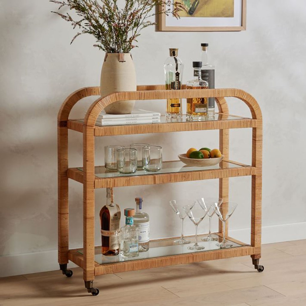 boho rounded wood rattan best bar carts with storage