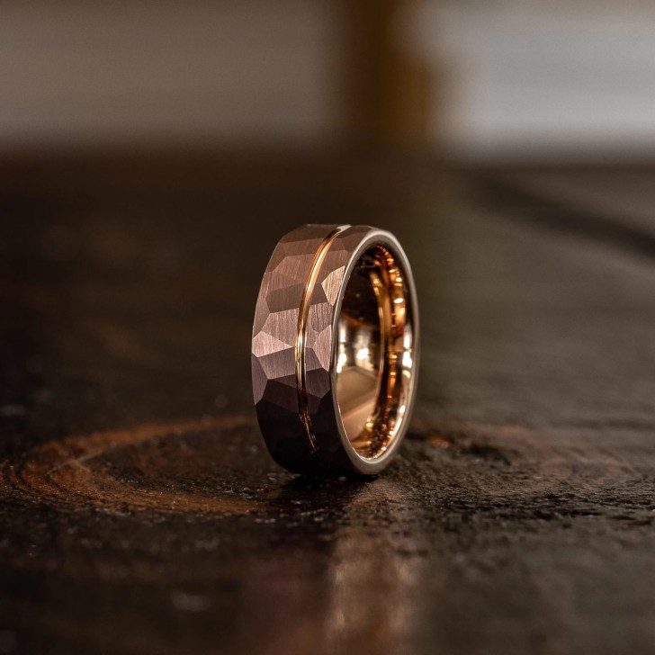 brushed tungsten and rose gold hammered wedding band for men
