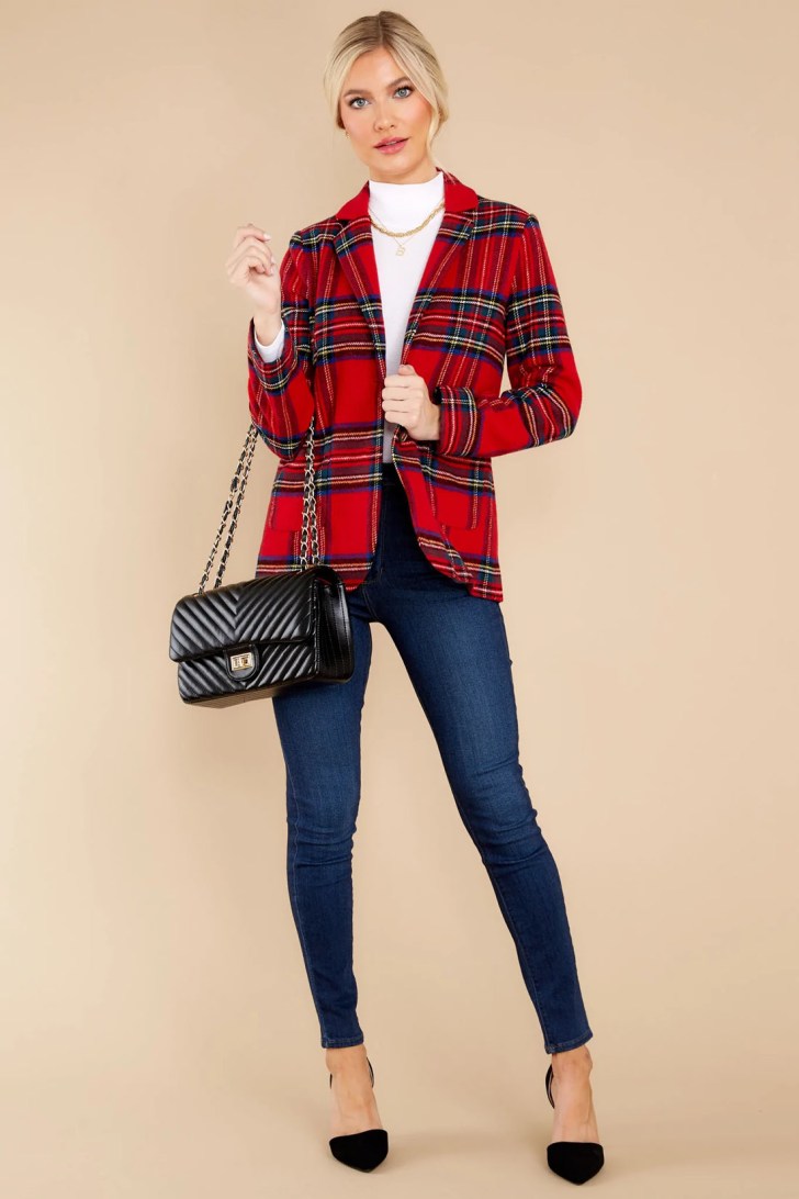 casual red plaid blazer and jeans best work Christmas party outfits