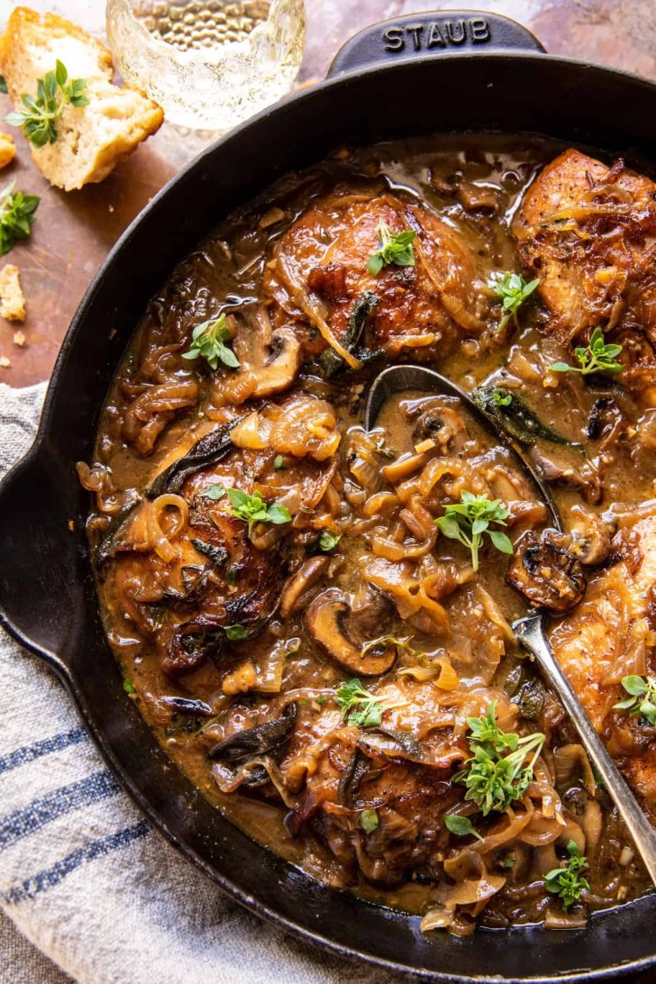 cider braised chicken with caramelized onions easy Sunday fall dinner ideas and recipes