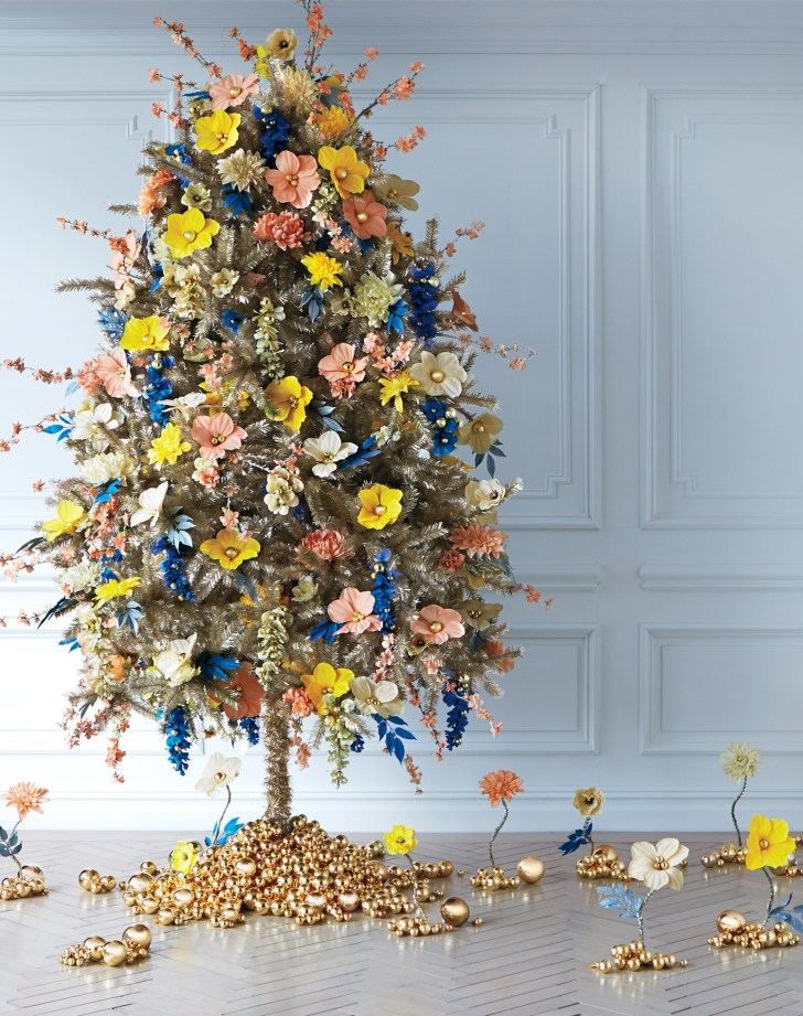 colorful gold faux flower Christmas tree