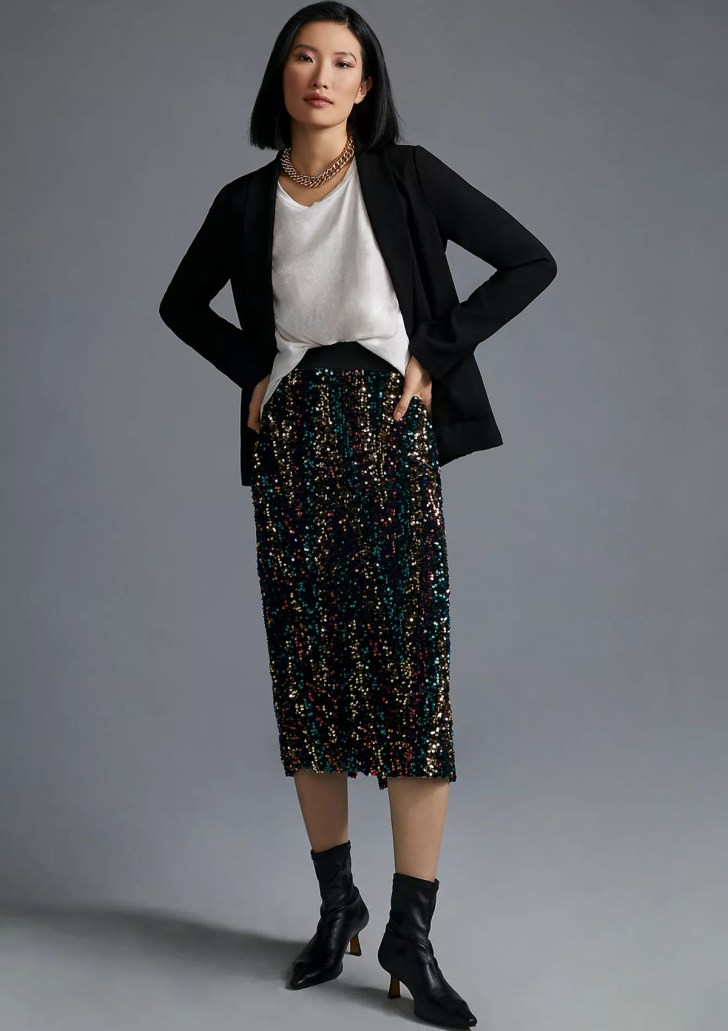 colorful sequin midi skirt best work Christmas party outfits