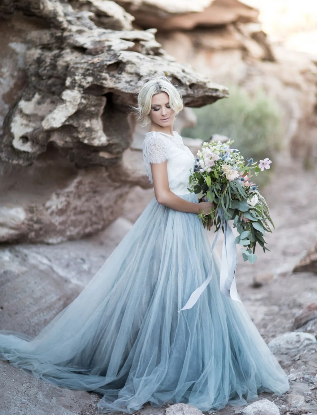colorful wedding dress with a blue tulle skirt