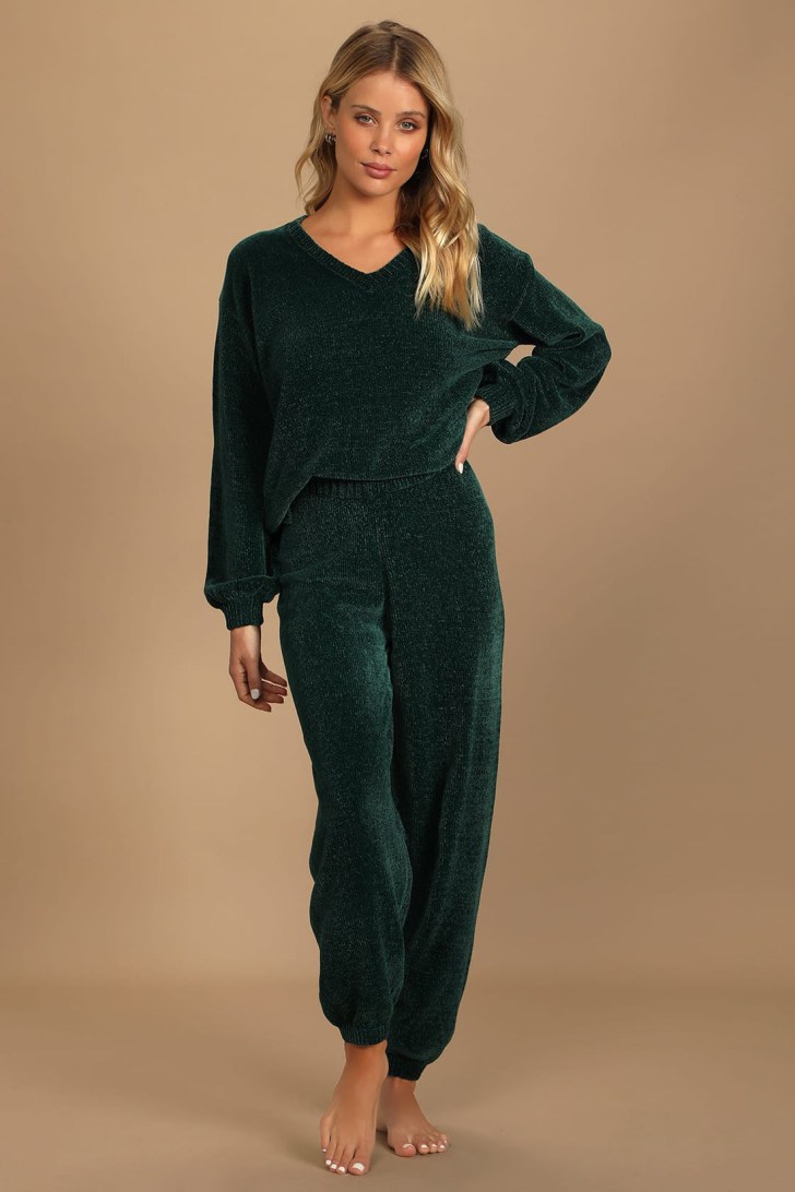 cozy green chenille lounge set best casual Christmas outfits for holiday party