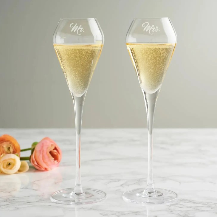 best tulip champagne glasses with custom Mr and Mrs personalized text