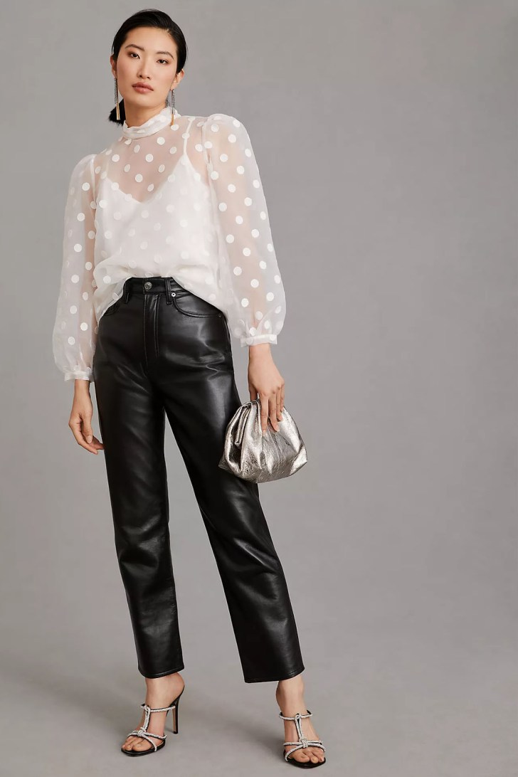 cute polka dot top and faux leather pants best classy Christmas outfits
