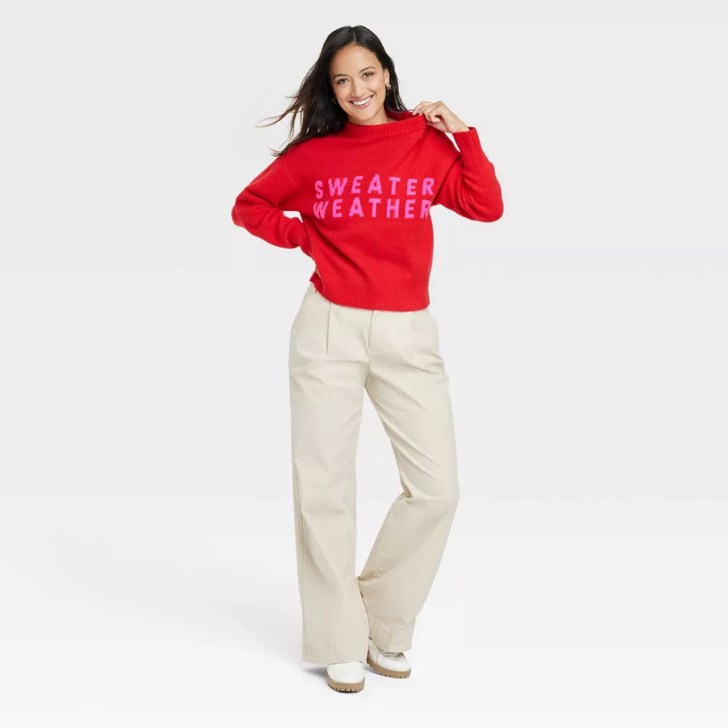 cute sweater weather crewneck best casual Christmas outfits for holiday party