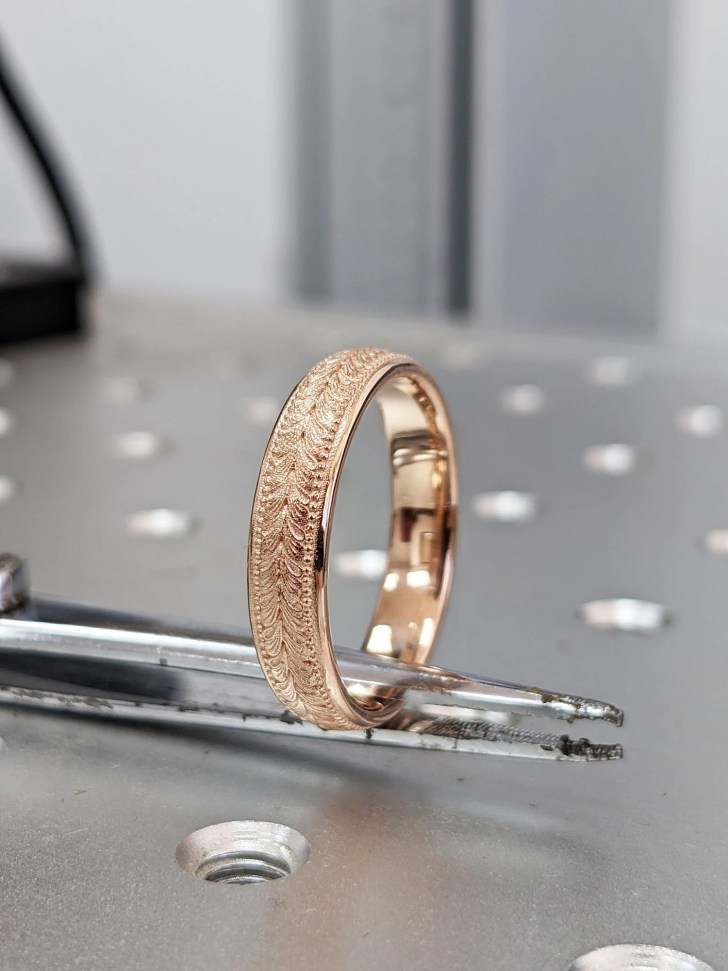 delicate hand engraved floral inspired rose gold mens wedding ring