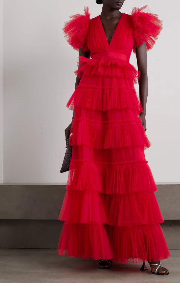designer layered ruffle tulle dark red wedding dresses