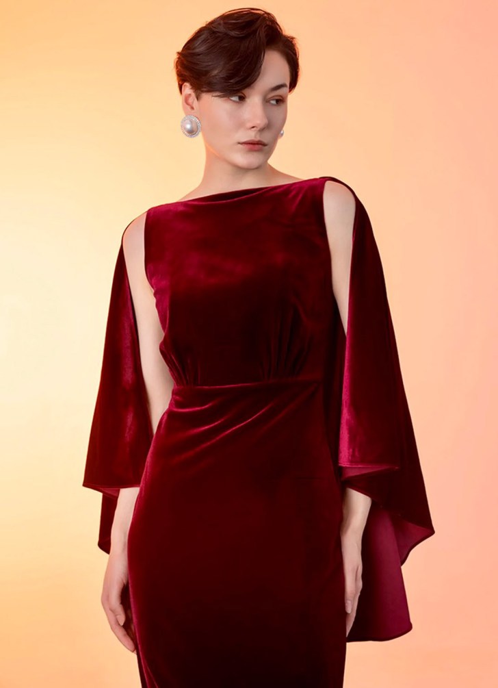 elegant high neck wine velvet red wedding dresses with open draped sleeves