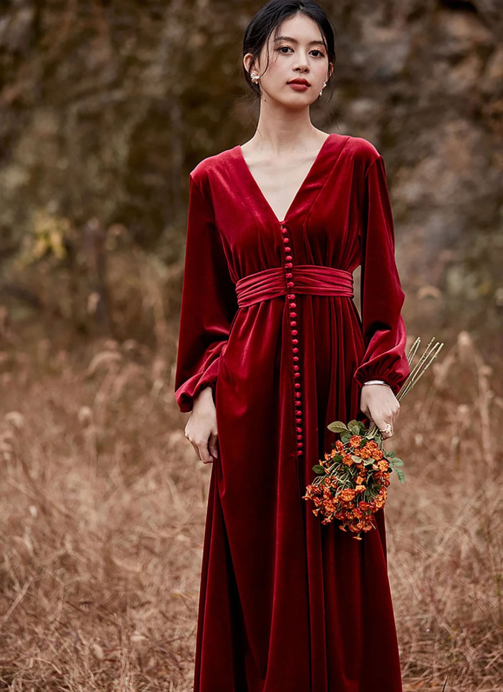elegant v-neck button-down velvet red wedding dresses with balloon sleeves