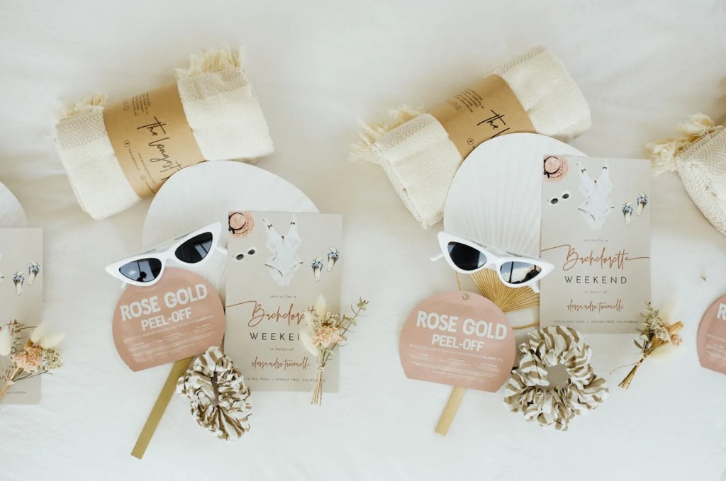 face mask, sunglasses, and custom towel bachelorette party invitation ideas and gifts