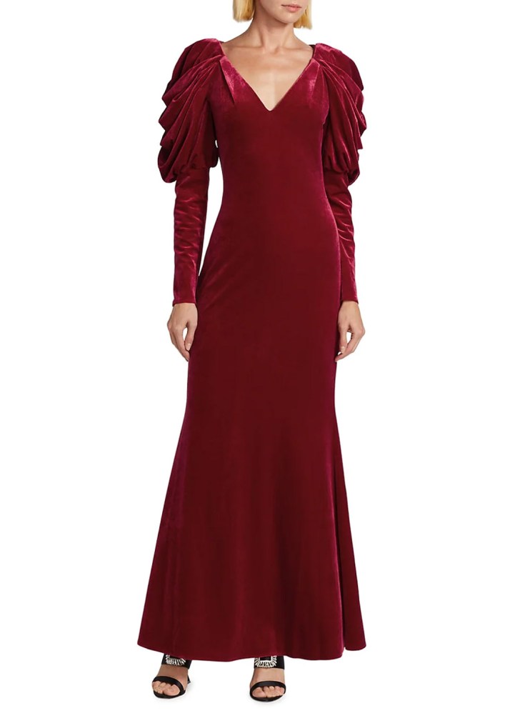 fitted trumpet v-neck velvet red wedding dresses with dramatic draped sleeves