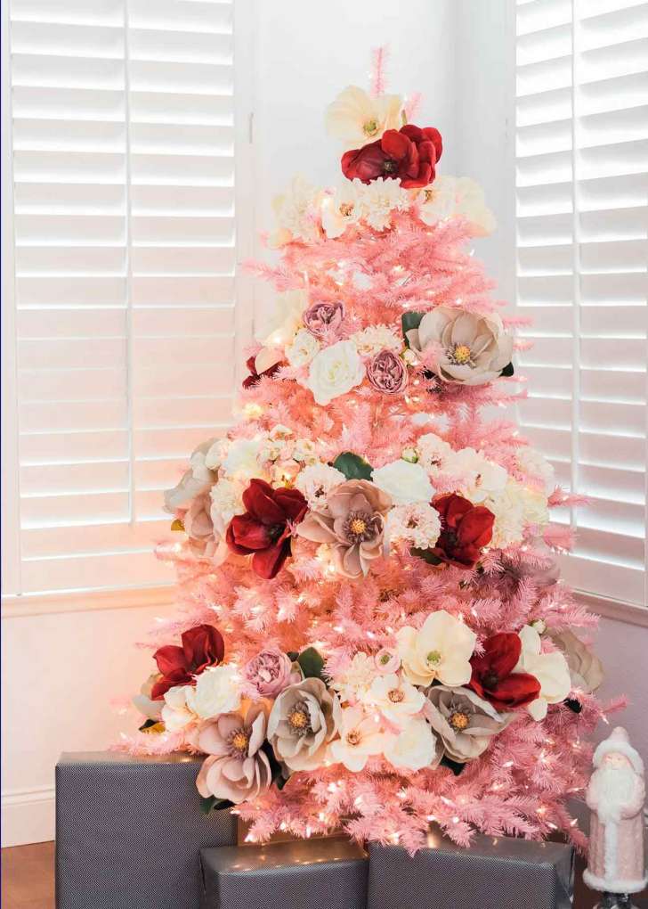 fun light up faux flower Christmas tree in pink