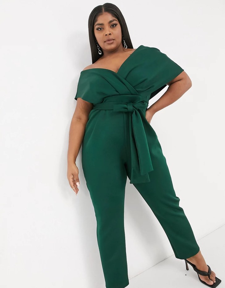 green plus size jumpsuit best classy Christmas outfits for a work holiday party