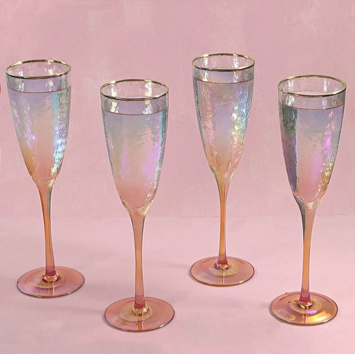 iridescent handcrafted modern pink best flute champagne glasses with gold rim