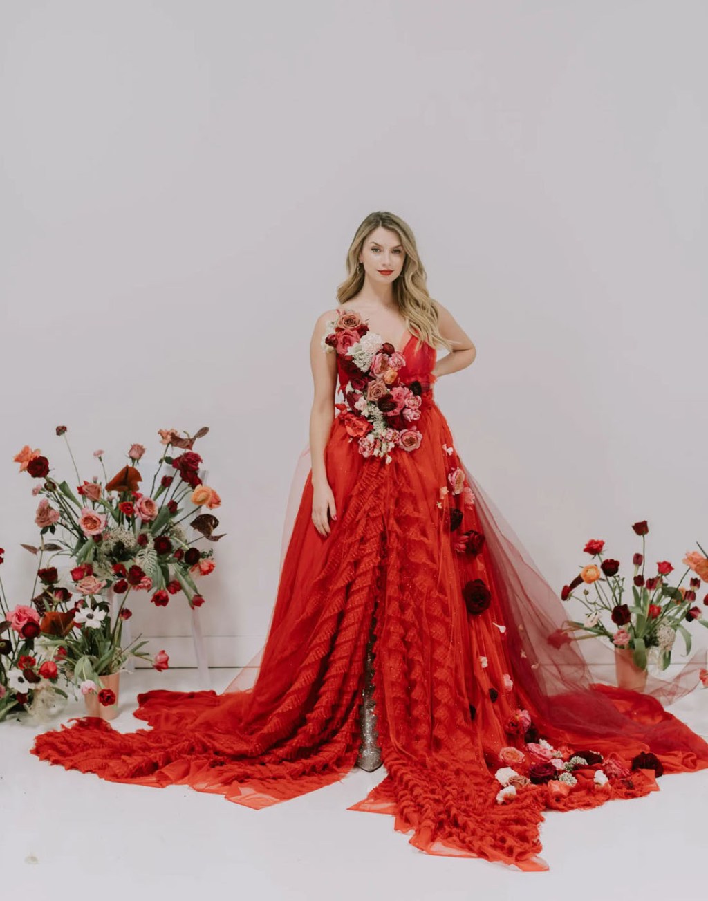 intricate blossoming fairytale tulle red wedding dresses adorned with roses