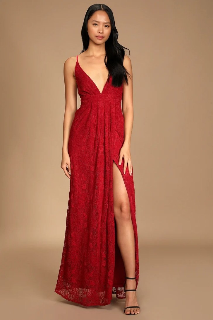 intricate floral plunging v-neck sexy red wedding dresses