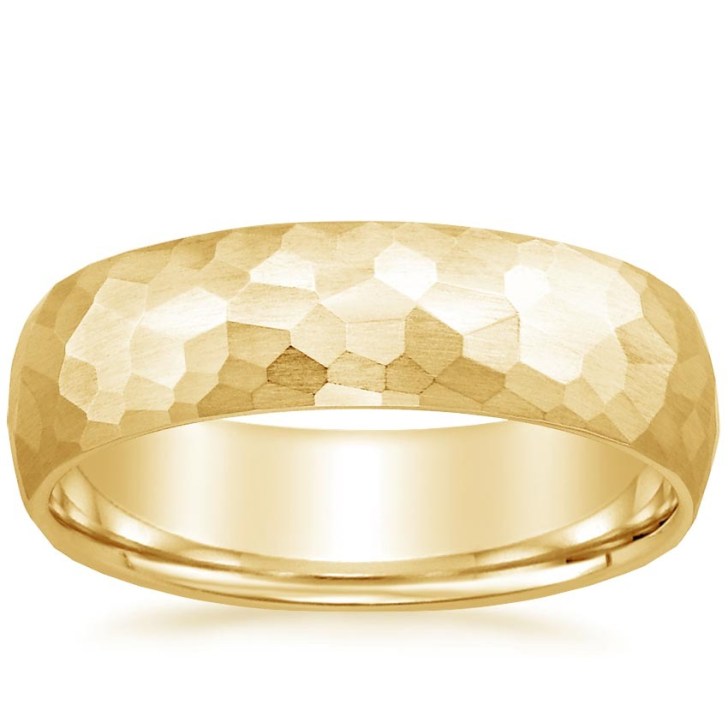 matte 18K yellow gold hammered mens wedding ring