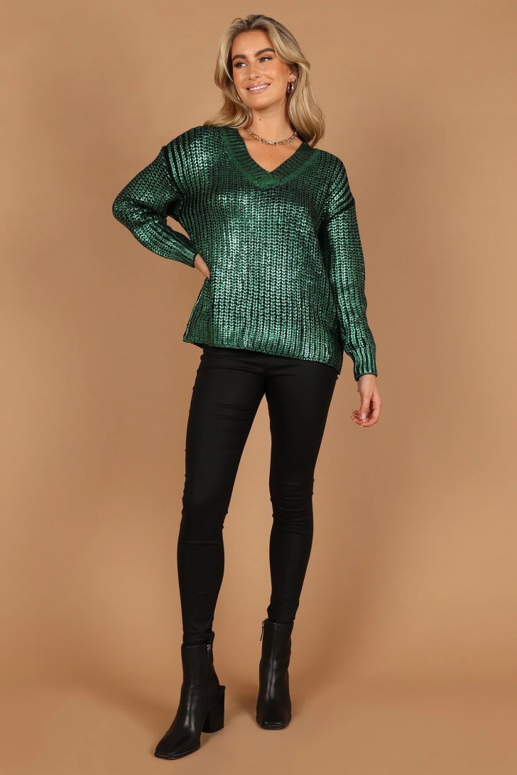 metallic green sweater best cute Christmas outfits for holiday party