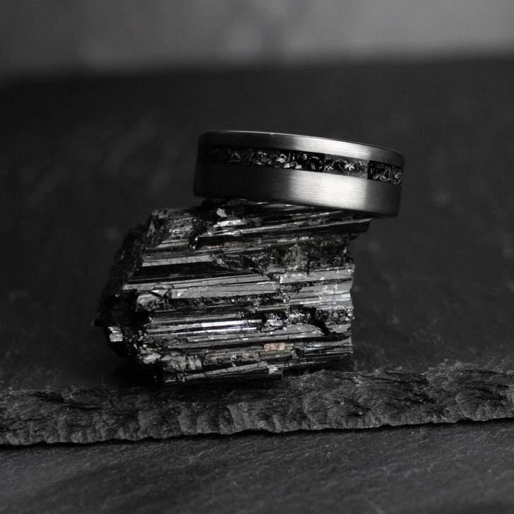 meteorite and brushed charcoal tone mens tungsten band
