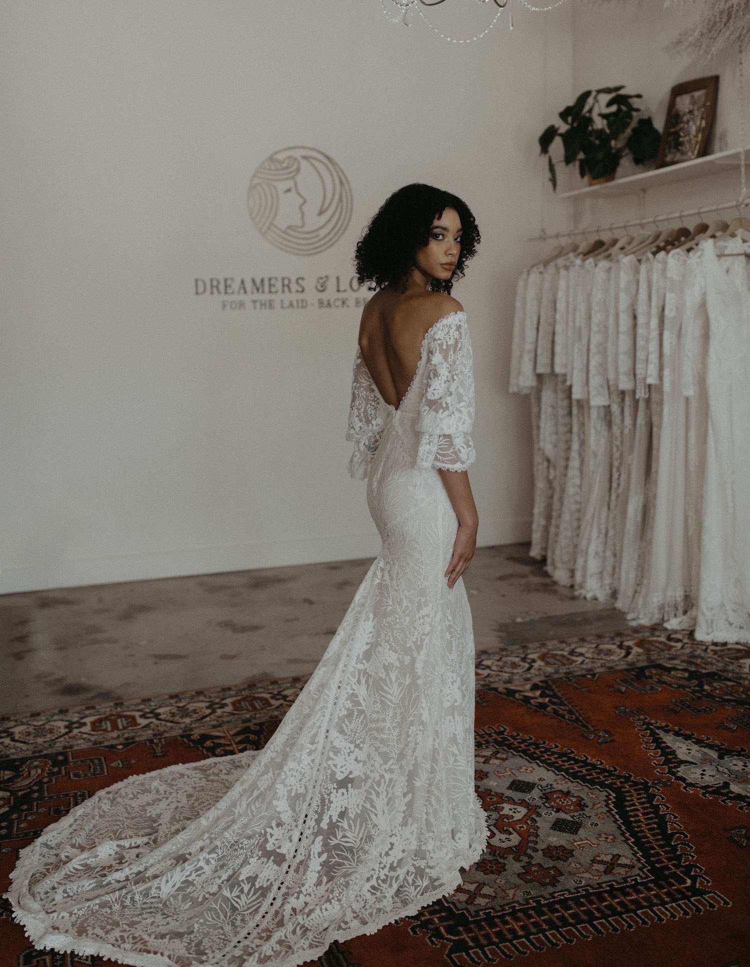 off shoulder lace wedding dress online from Dreamers and Lovers