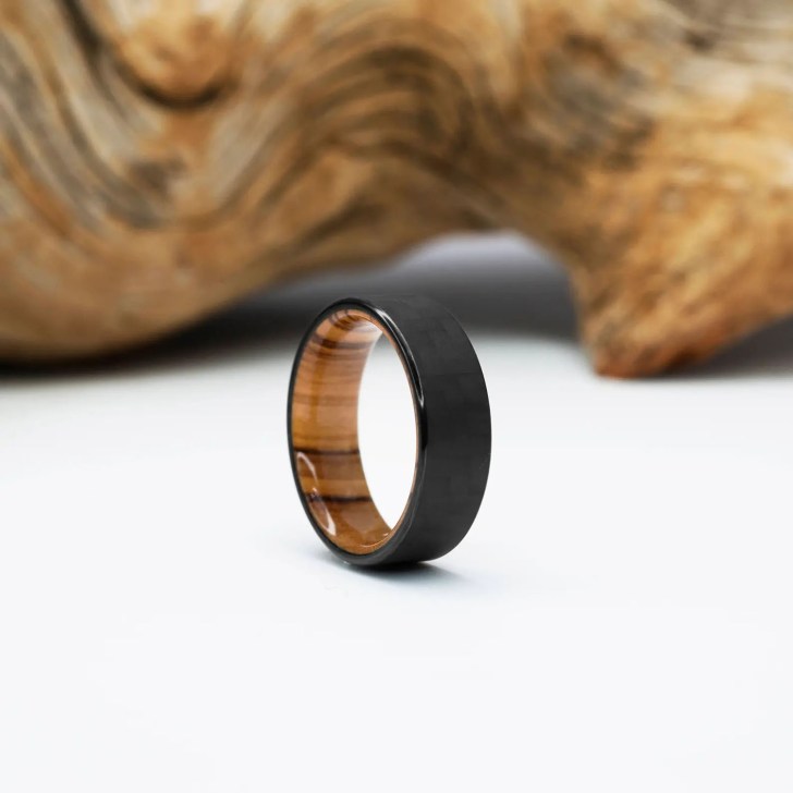 olive wood and carbon fiber black wedding band for men