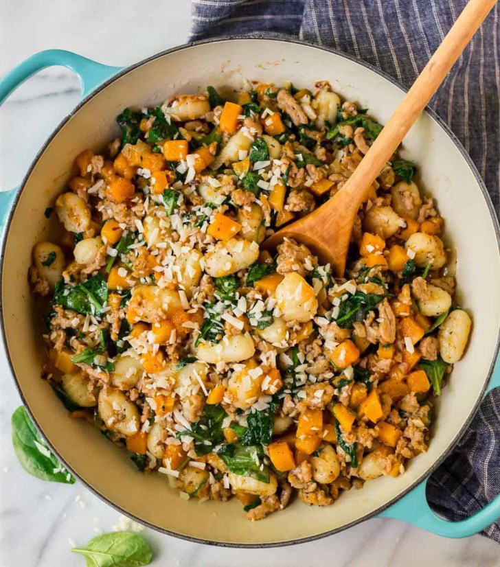 one skillet butternut squash gnocchi and italian sausage easy fall dinner ideas and recipes