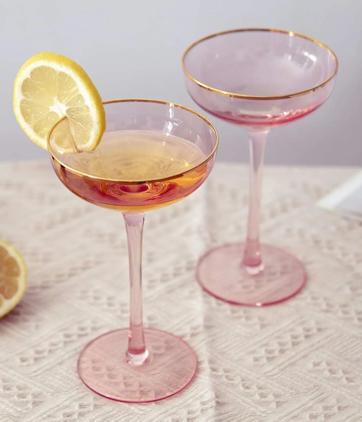 best coupe champagne glasses in pink with gold rim