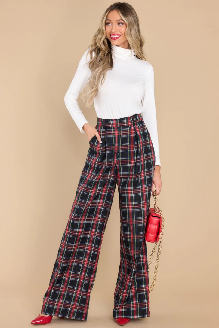 classy plaid dress pants and white turtleneck best work Christmas party outfits