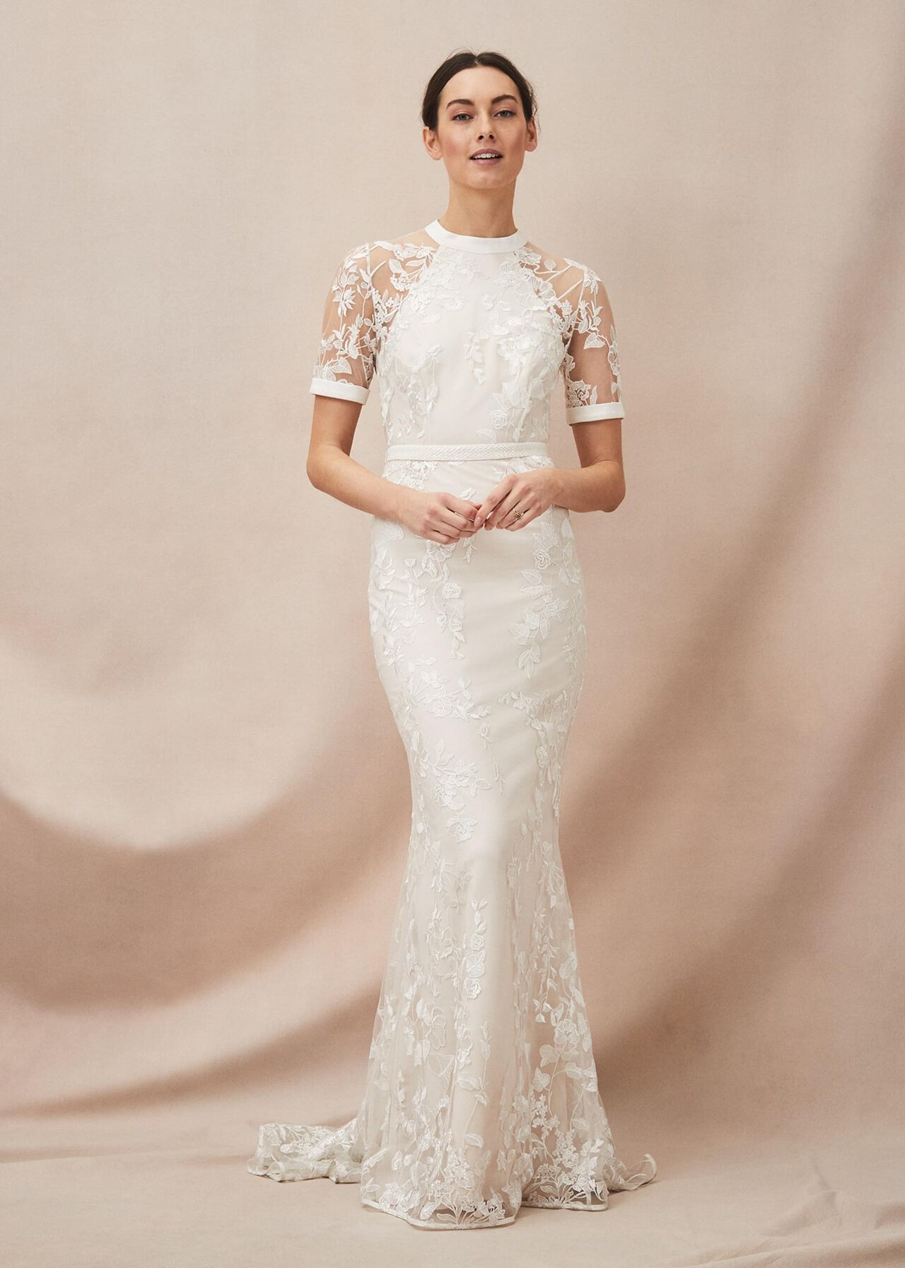 poppy embroidered online wedding dress with fitted skirt and short sheer sleeves