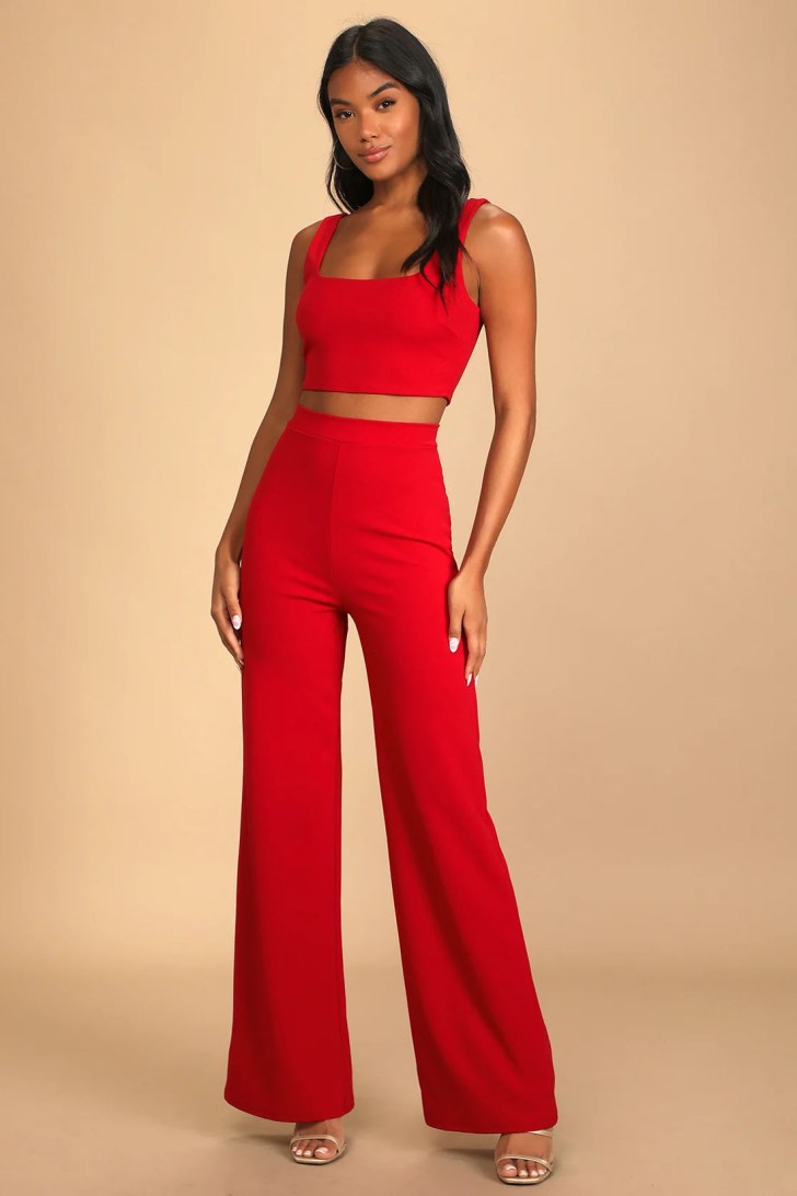 red two-piece wide leg jumpsuit best sexy Christmas outfits for holiday party