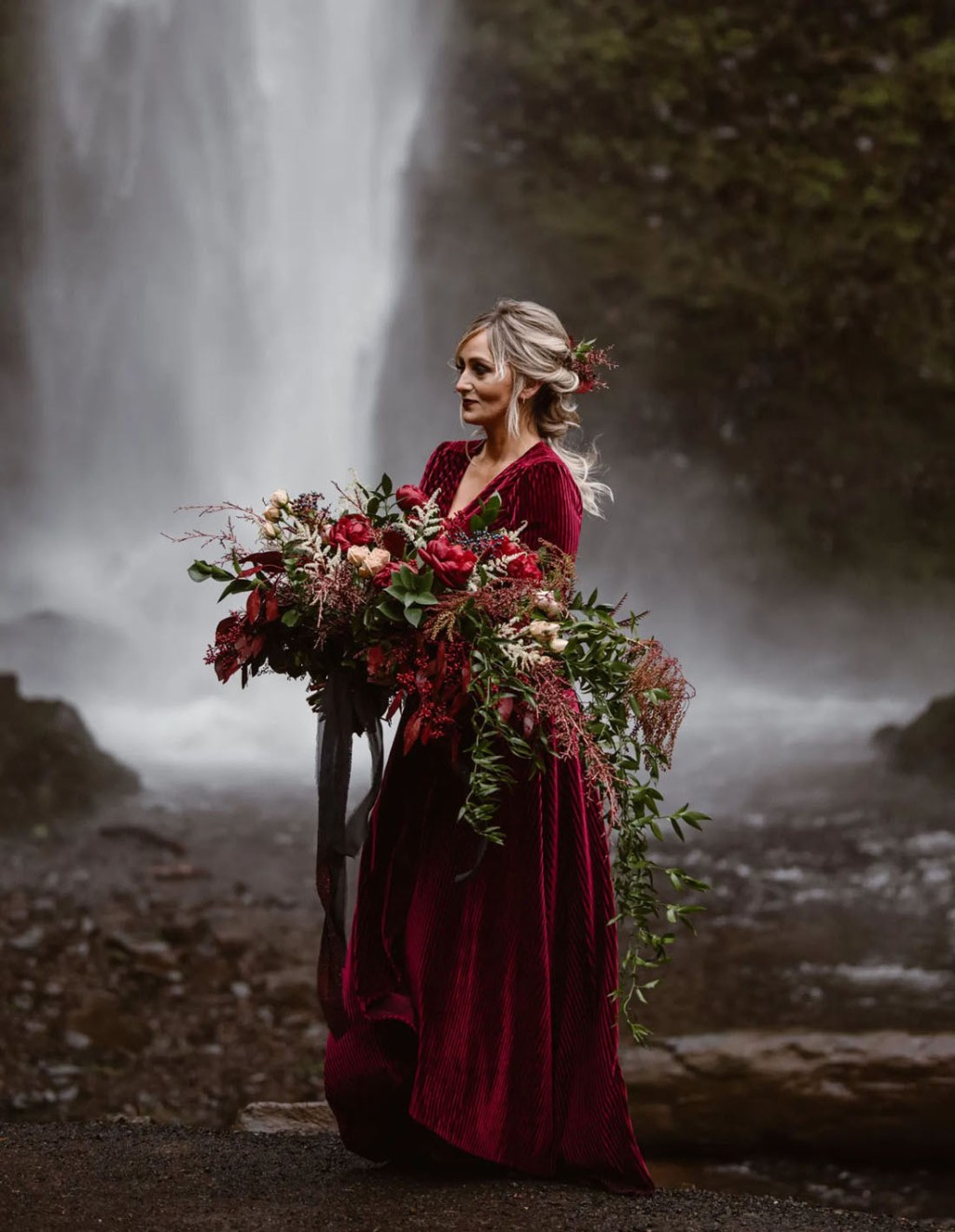 bride wearing ribbed velvet wine red wedding dresses