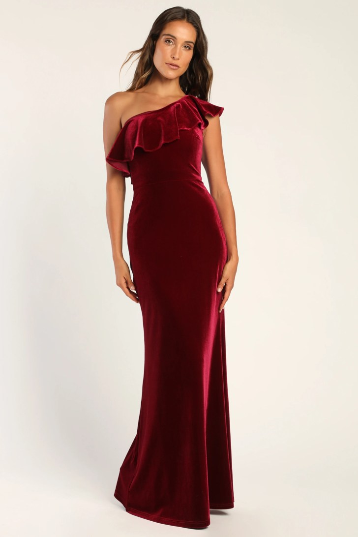ruffle one-shoulder fitted trumpet velvet red wedding dresses